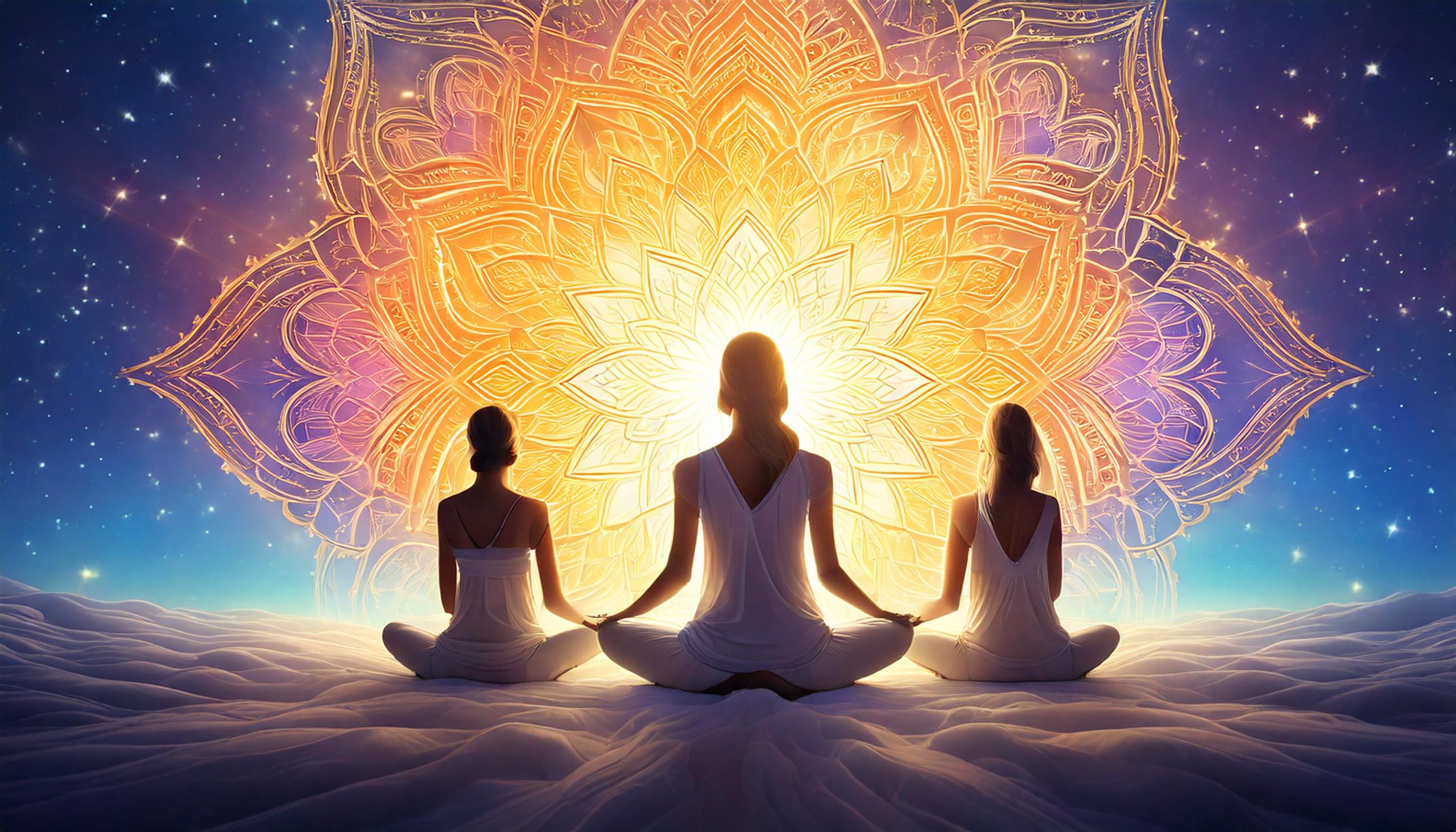 Firefly A celestial and tranquil image_Content- Silhouettes of meditating women floating above a glo