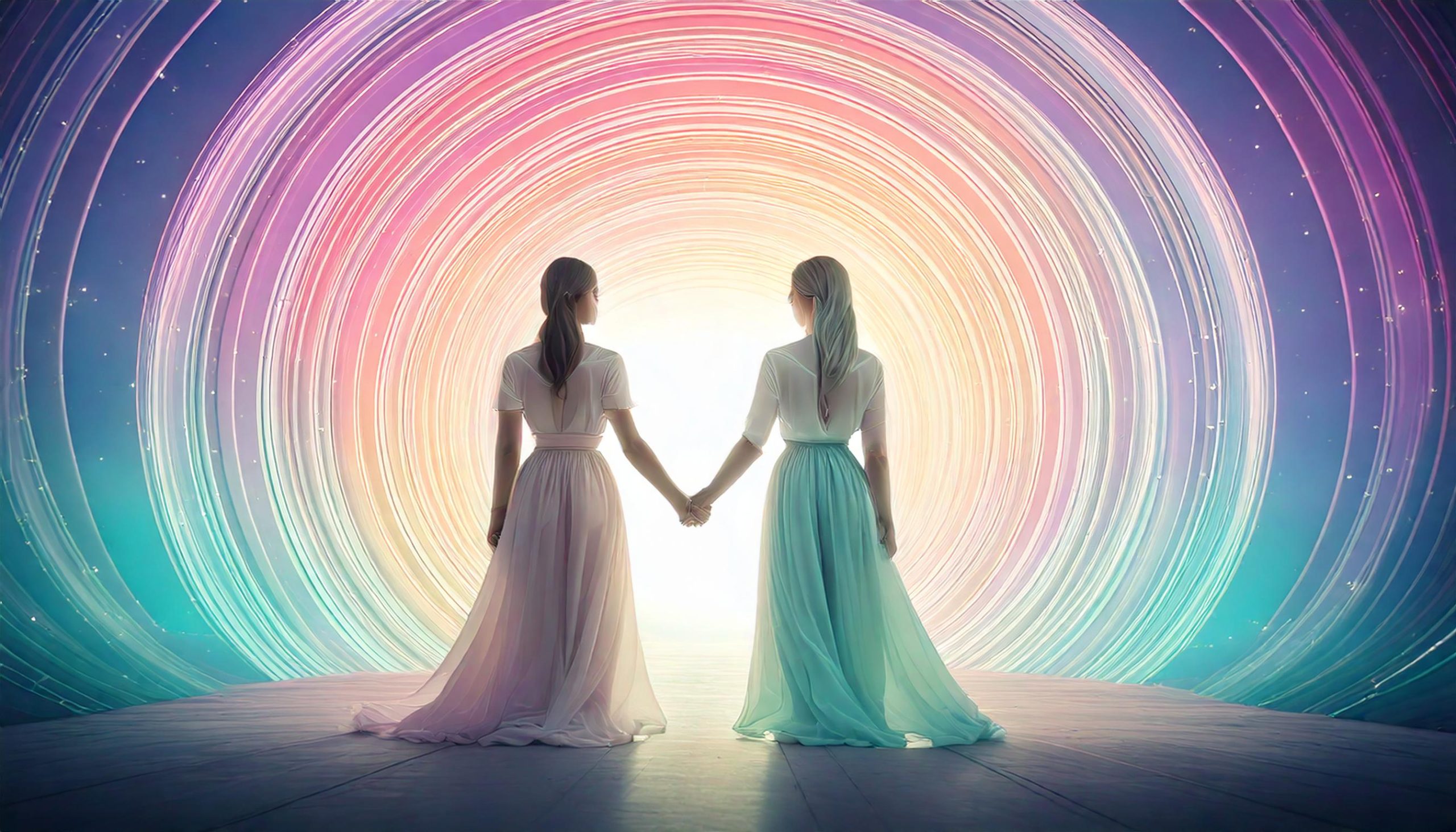 Firefly A divine and balanced scene_Content- Silhouettes of women holding hands, with glowing pastel